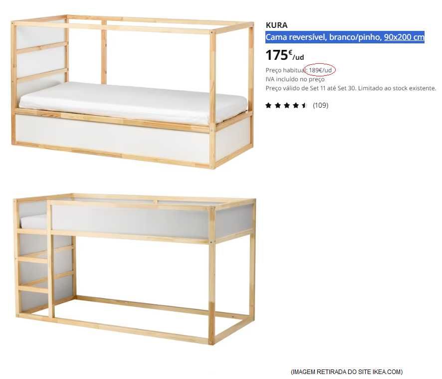 IMPECÁVEL Cama KURA reversível (IKEA) branco/pinho 90x200 cm