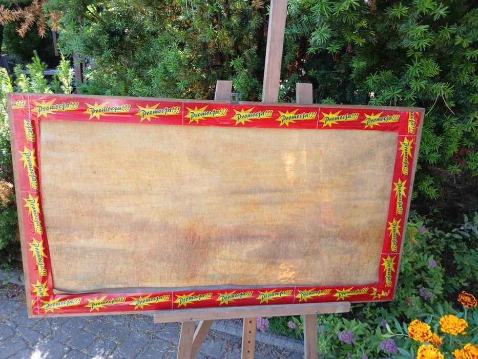 Obraz ręcznie malowany, stary Łosie, scenka na śniegu, polowanie 93x52