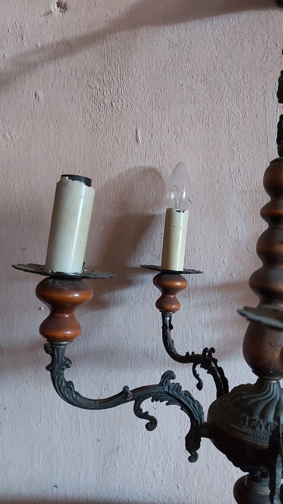 Żyrandol prl 5 ramienny i klinkiet drewniano metalowy, lampa wisząca