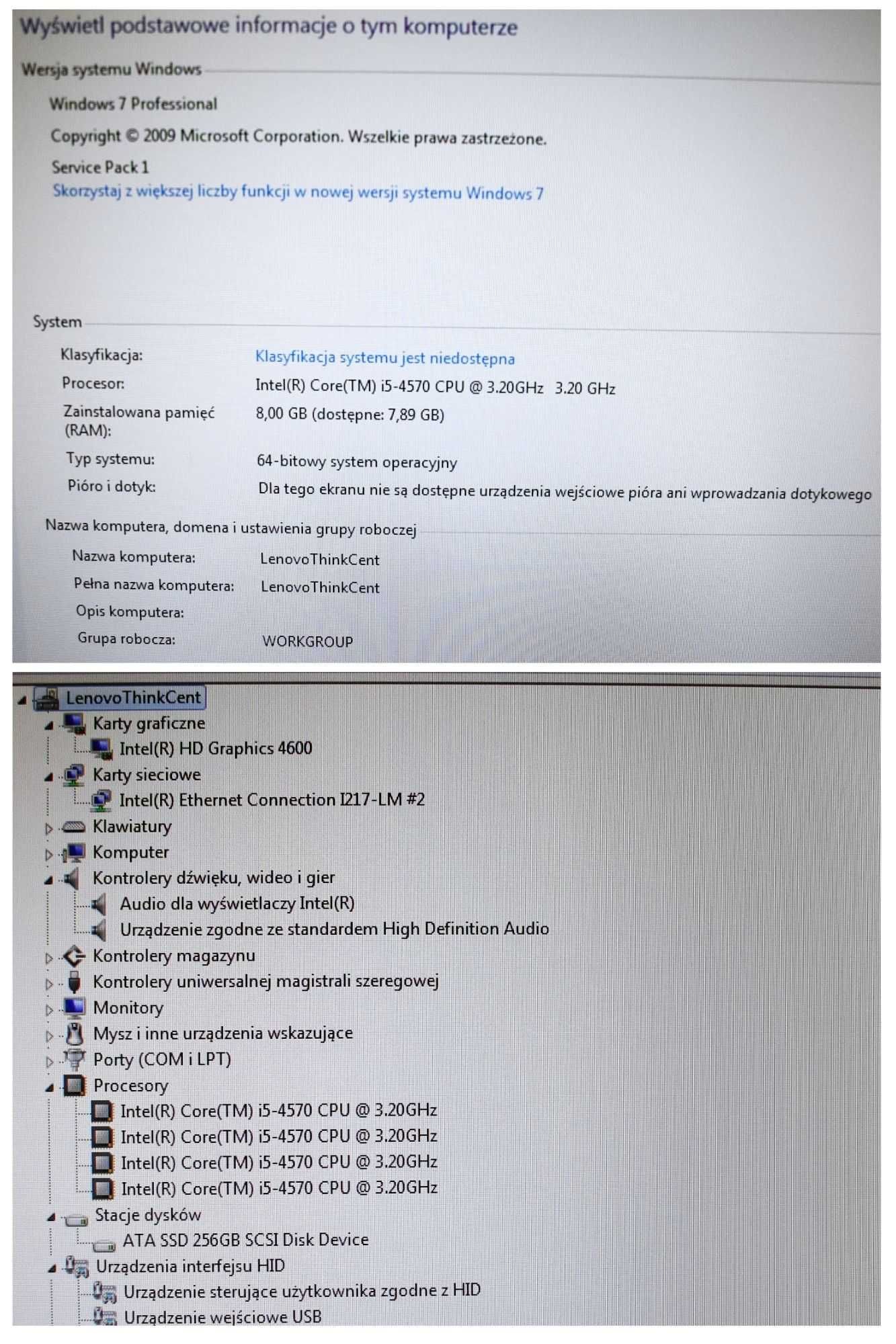 Komputer PC Lenovo ThinkCentre M93p Intel Core i5-4570/8 GB/256 GB SSD