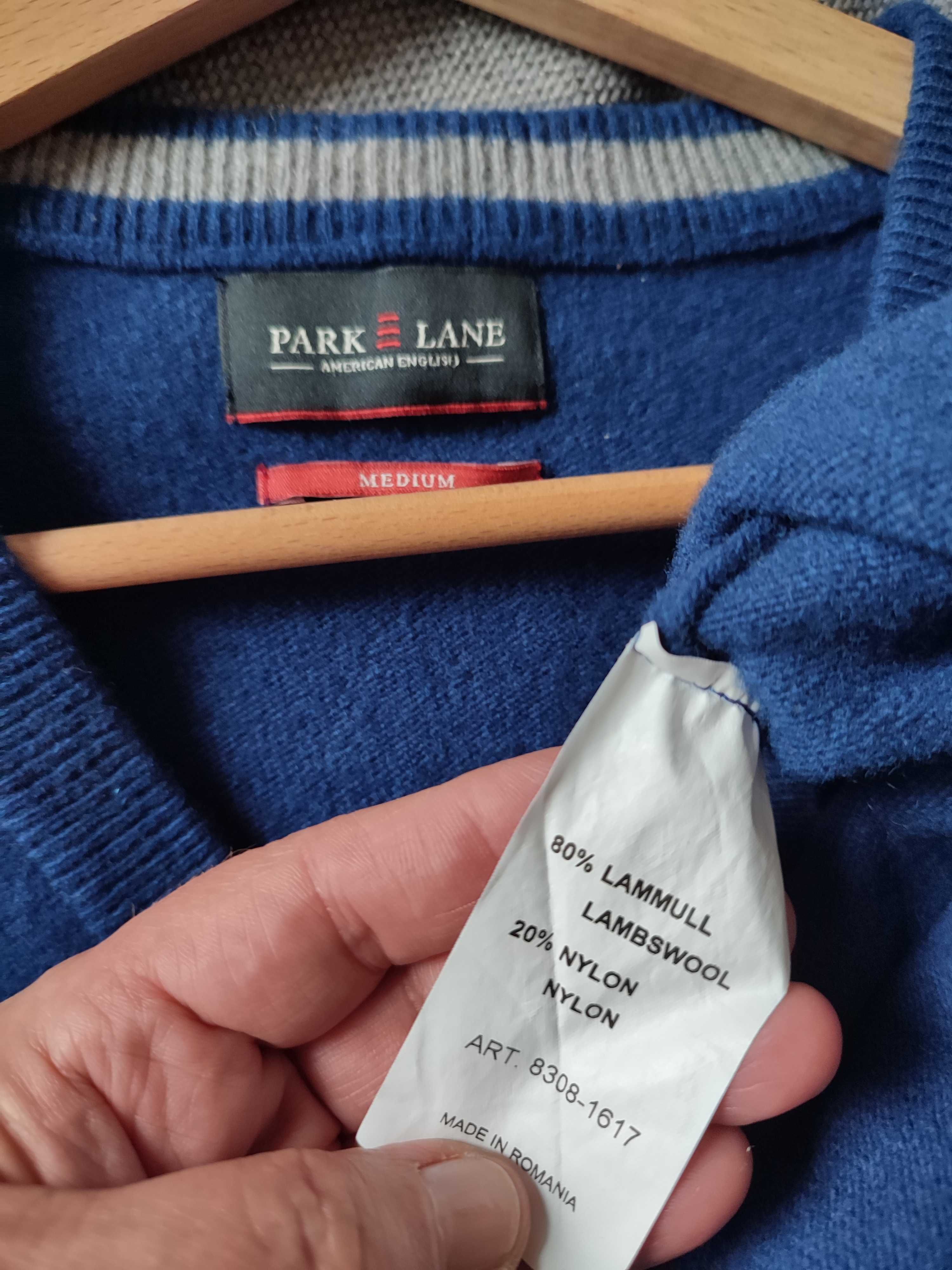 Męski sweter Park Line M w serek niebieski wełniany długi rękaw