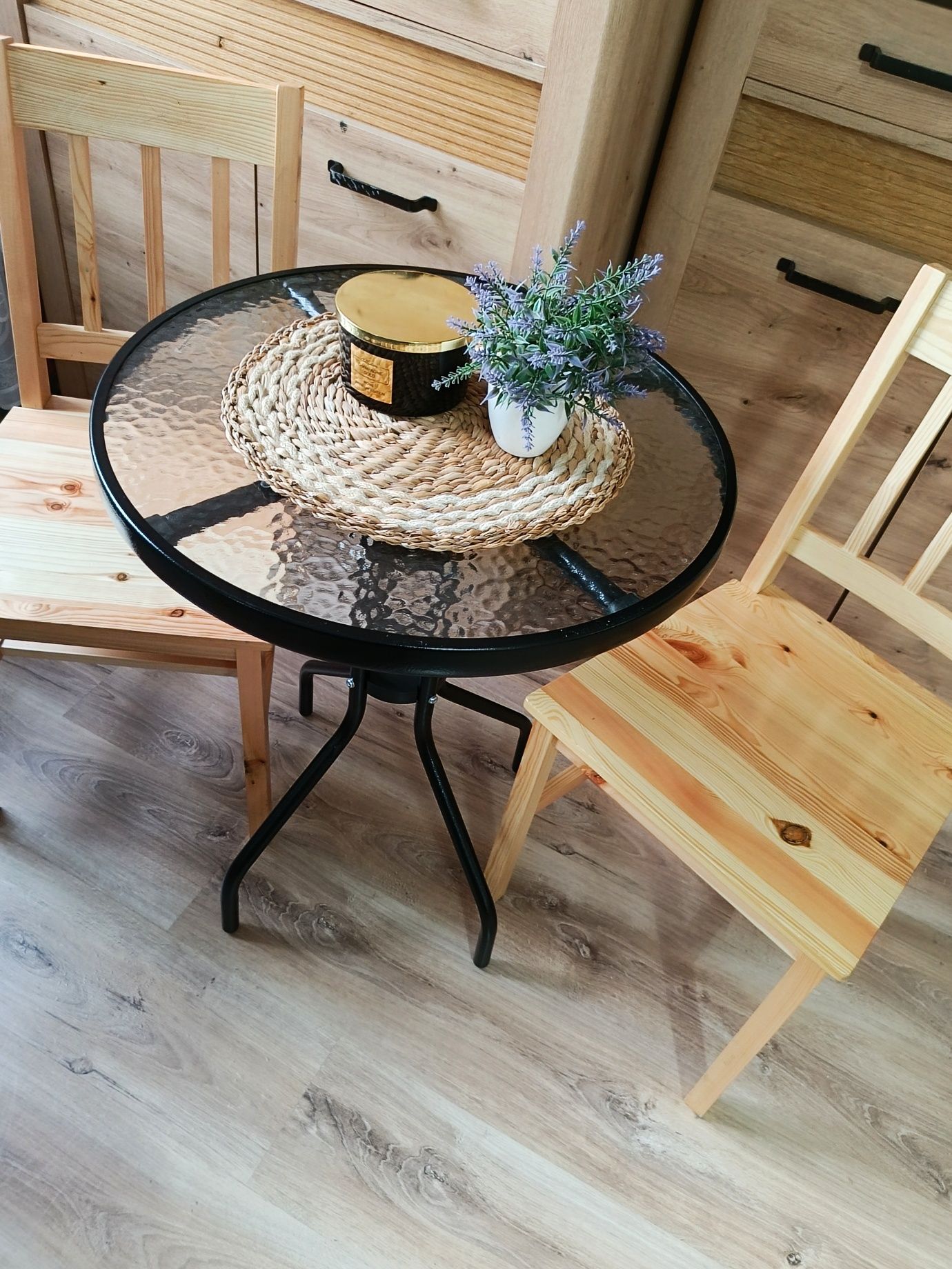 Stolik Stół na Taras Balkon Ogród Okrągły Szklany - Metalowa Podstawa