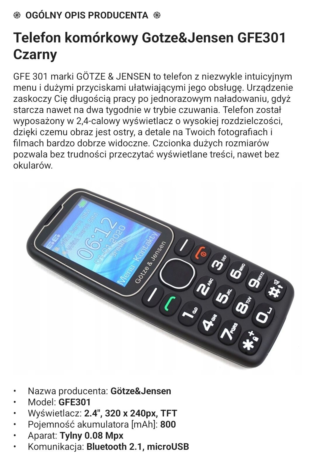 Telefon komórkowy Gotze & Jensen GFE301 czarny