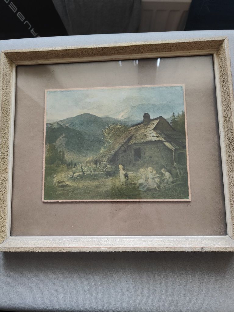Obraz dzieci przed chatą górską