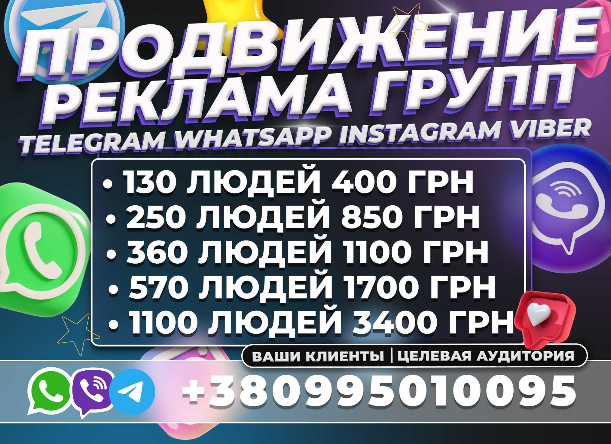 Подписчики Viber Telegram WhatsApp Целевая Аудитор. Органик Раскрутка!