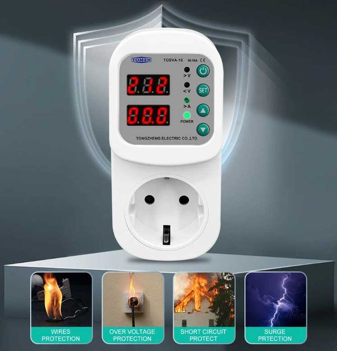 Захисне реле напруги, реле напряжения в розетку TOMZN з дисплеєм.