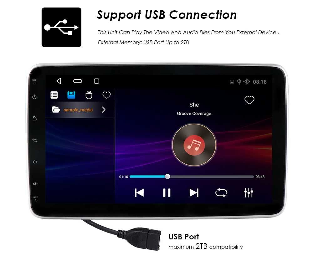 Auto Radio 10.1"  Android 14  1 Din painel destacável