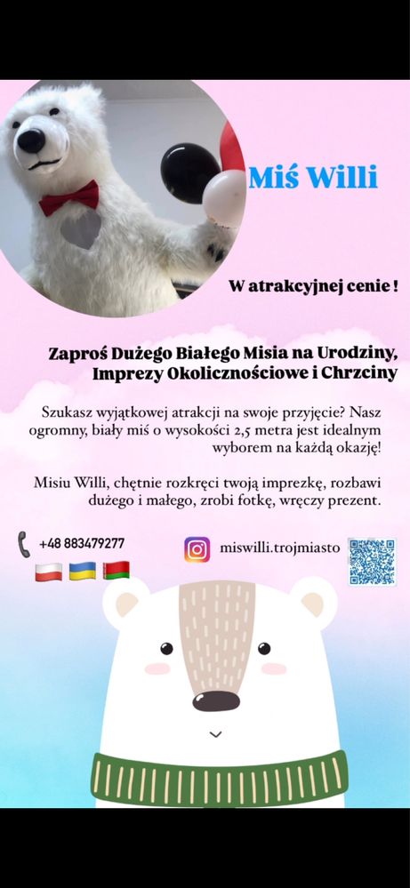 Zaproś Dużego białego  miśia na Urodziny,imprezy okolicznościowe i tp