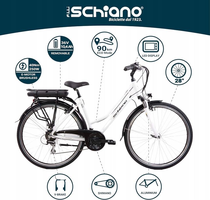 Rower elektryczny damski miejski rama 48 cm 28 biały 10ah 250w