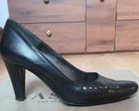 Buty damskie na obcasie, czarne, skórzane, rozmiar 38