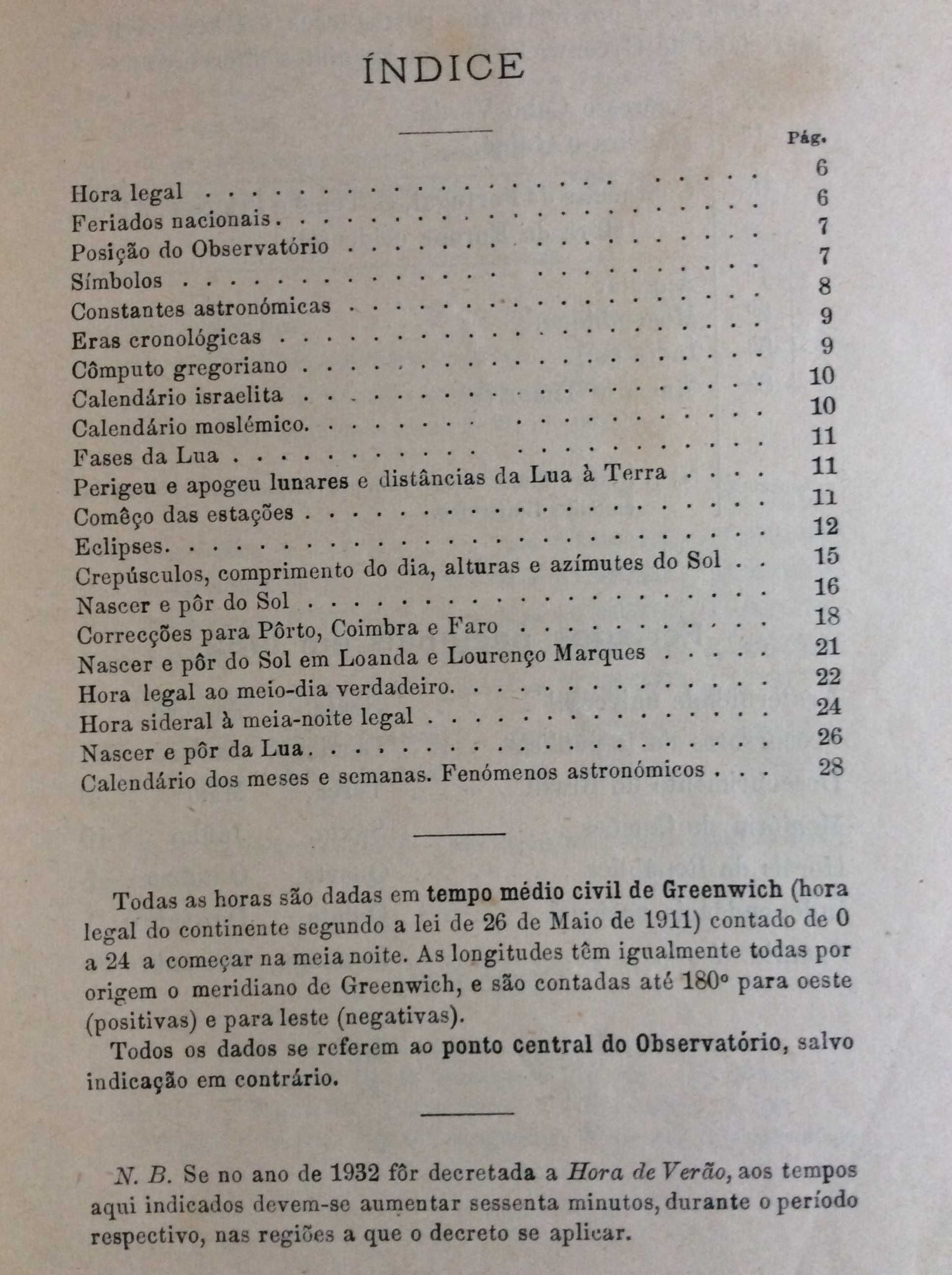 Dados astronóm. para os almanaq. de 1932 para Portugal. Ver índice.