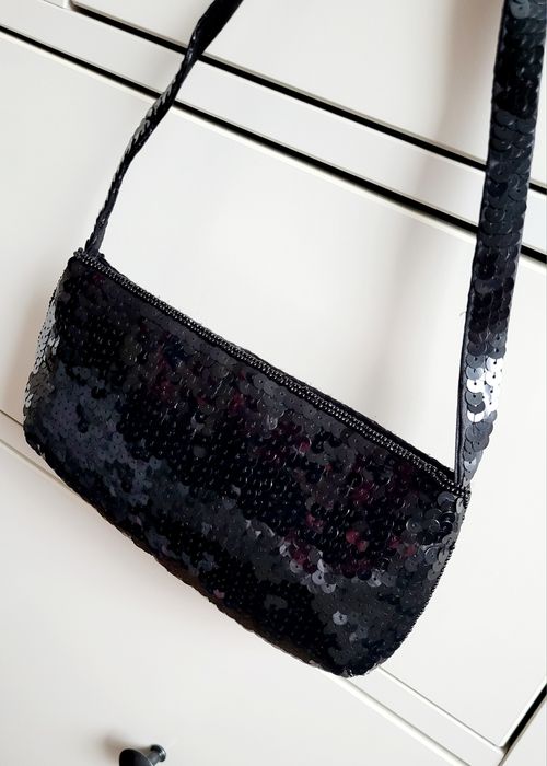 Czarna wizytowa torebka, cekiny, sylwester, studniówka, vintage