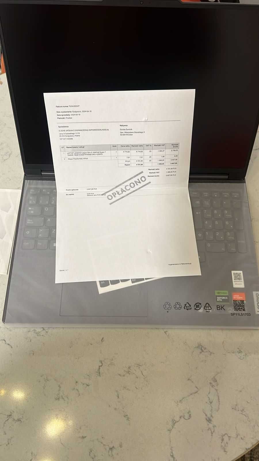 Laptop LENOVO Legion Slim 5 16APH8 16" IPS 165Hz R7-7840HSRTX4060 nowy