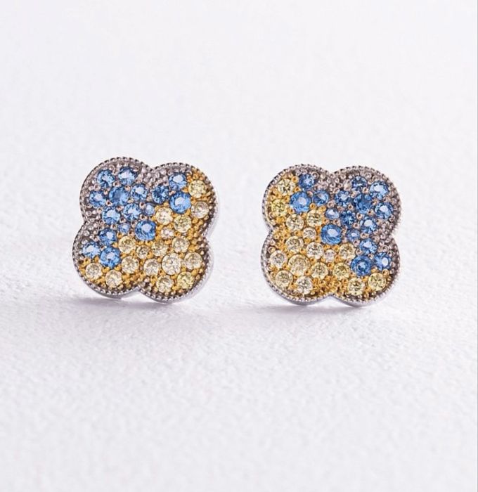 Срібні сережки - пусети "Конюшина" (блакитне та жовте каміння)