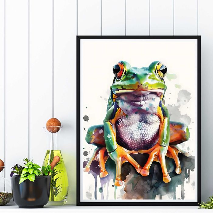 plakat akwarela żaba, stylowy kolorowy plakat do salonu grafika żaby
