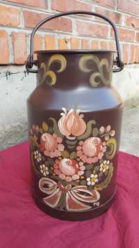 bańka kanka metalowa na mleko z motywem kwiatowym ręcznie malowana
