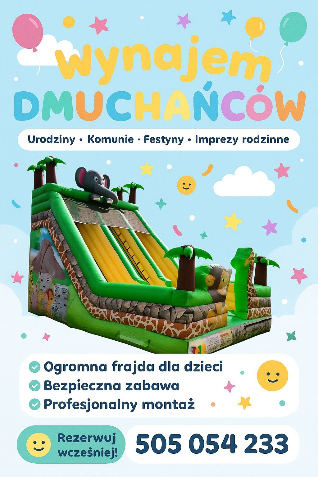 ZJEŻDŻALNIA DMUCHANIEC urodziny, imprezy plenerowe, komunie wynajem