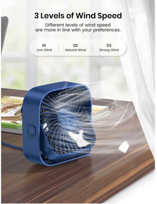 TOPK Mini Portable Fan,USB Desk Fan Table,Quiet 3 Speed Wind Personal