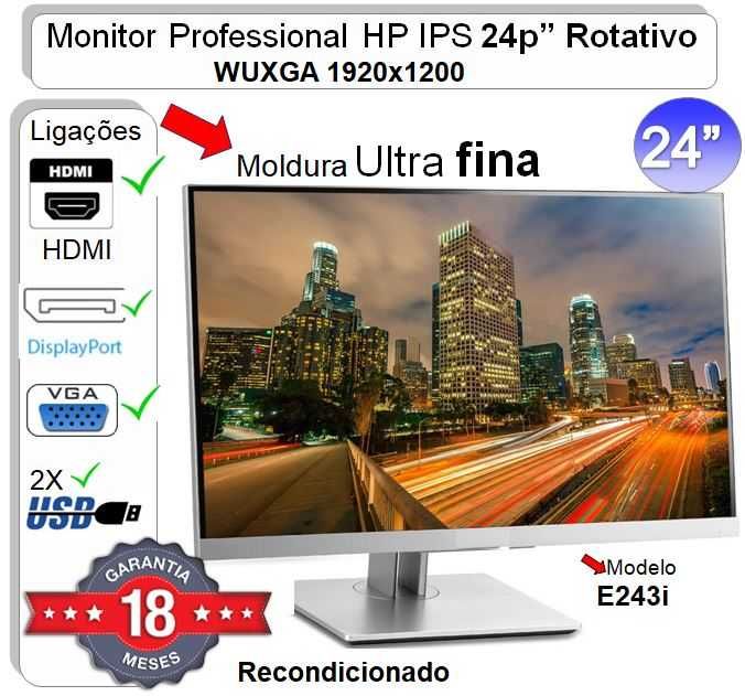 Monitor HP 24p WUXGA 1920×1200 | HDMI | VGA | DP | 2 USB | Sem moldura