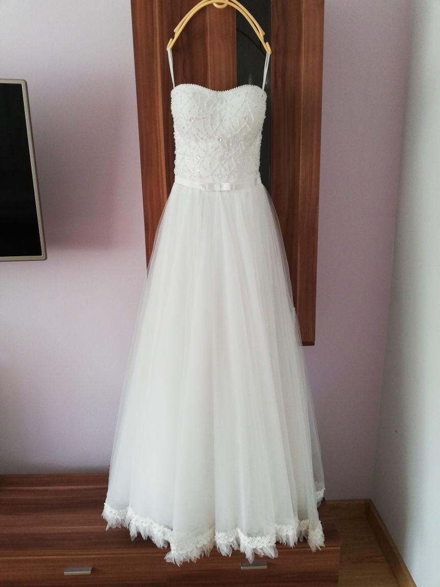 Suknia ślubna biała Princessa piórka, gorset 34-36