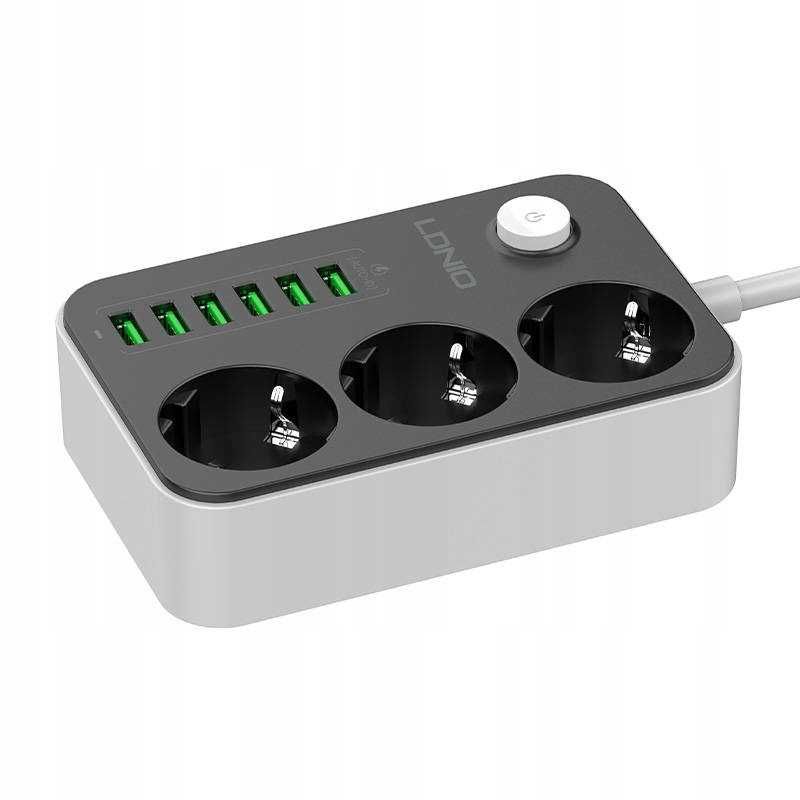 Ldnio SE3631 Listwa zasilająca 3 gniazda 1,6m 6x USB 3.4A Przedłużacz