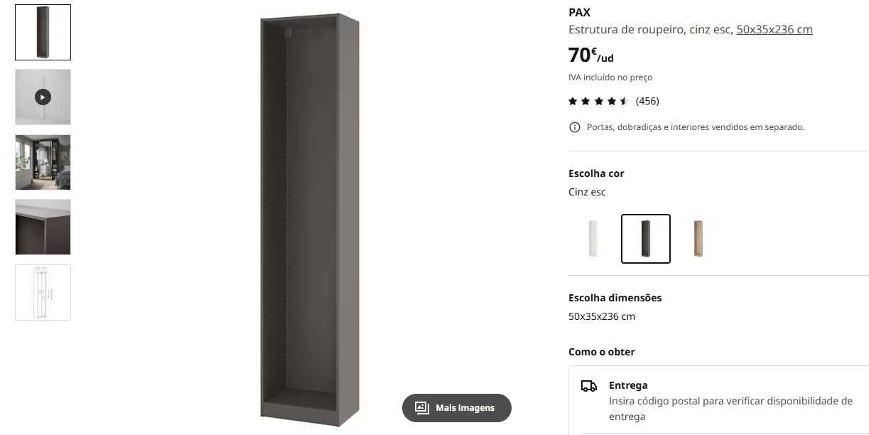 Roupeiro Pax Cinza + cómoda Eket cinza 3 gavetas