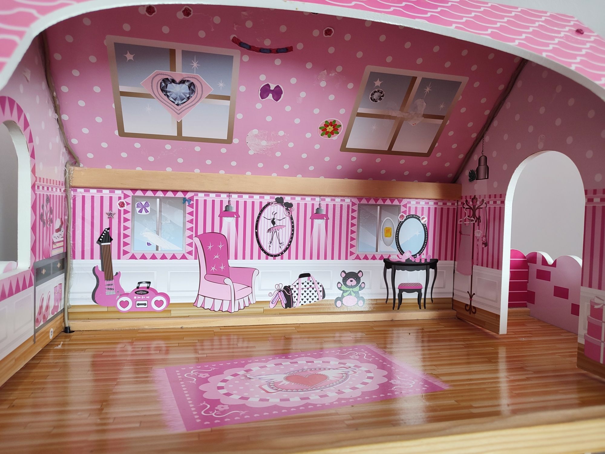Drewniany duży domek dla lalek 90 cm różowy śliczny 3 poziomy