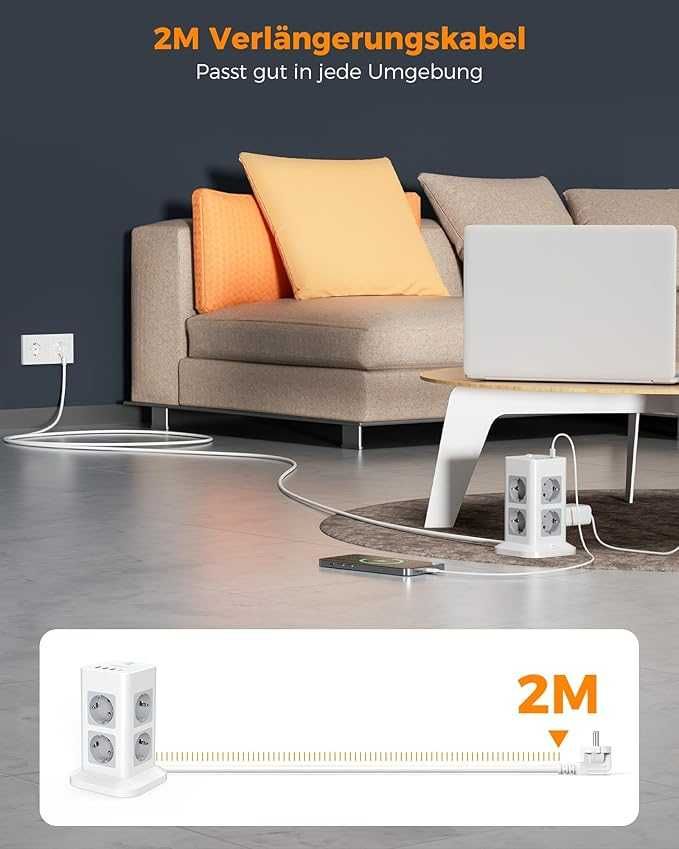 TESSAN Listwa zasilająca pionowa 8 gniazd z 3 USB A i USB C 2 metry