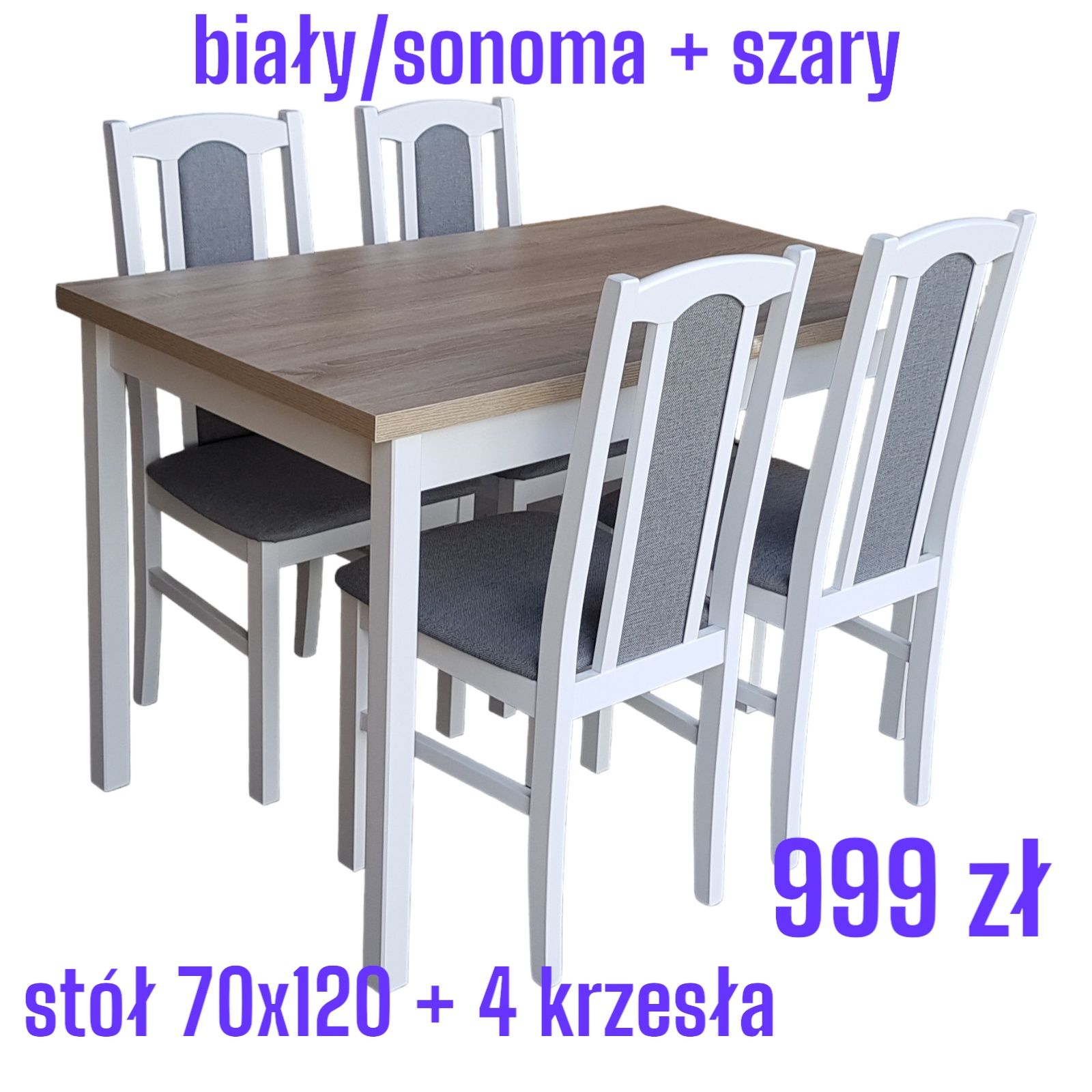 Nowe : STÓŁ + 4 KRZESŁA , BIAŁY/blat sonoma + szary , dostawa PL