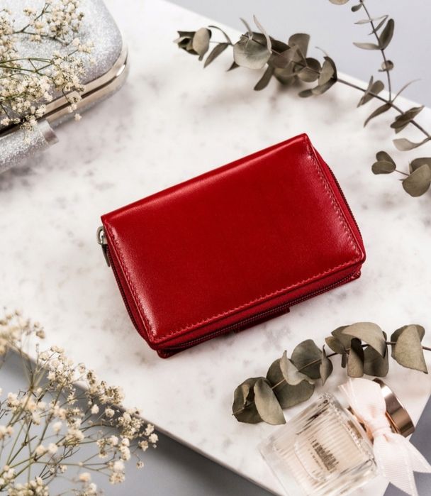 Skórzany portfel damski z systemem RFID Protect luxury nowy czerwony