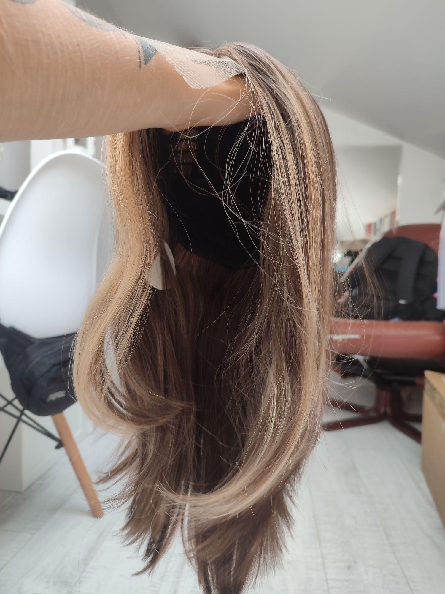 Peruka lace front balejaż pasemka blond brąz WIG cosplay