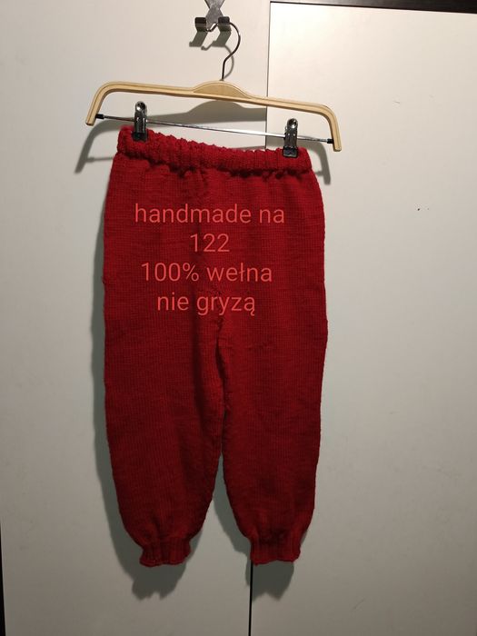 Ręcznie robione spodnie z wełny merynosow 122 do 128 czerwone merino