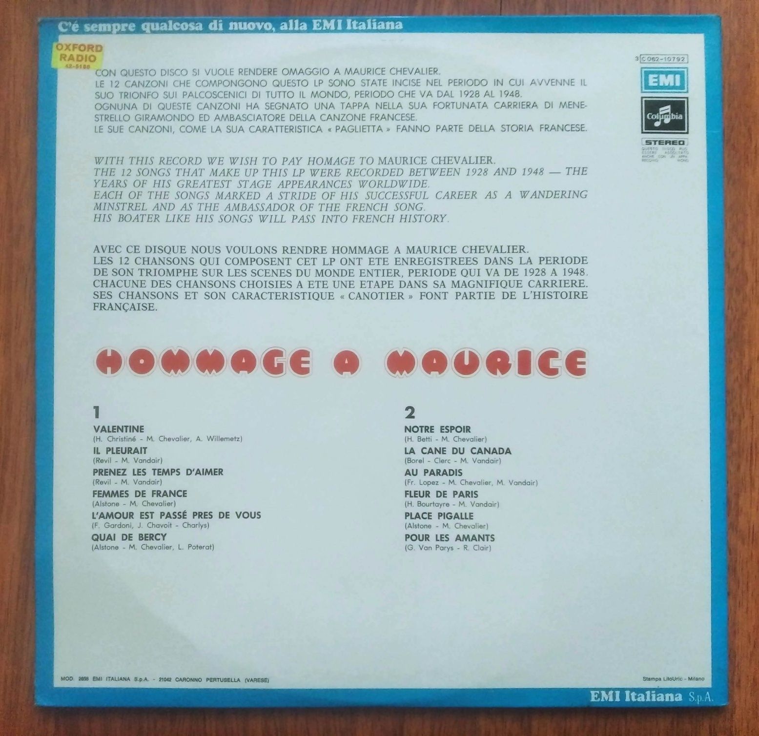 Maurice Chevalier disco de vinil "Hommage a Maurice".