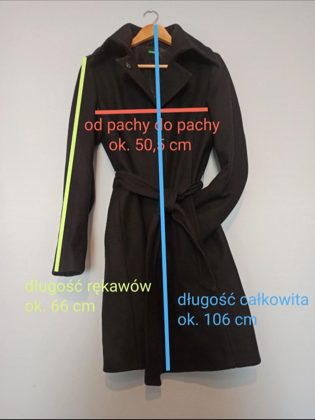 Płaszcz wełniany elegancki czarny 46 duży rozmiar wool długi wiązany p