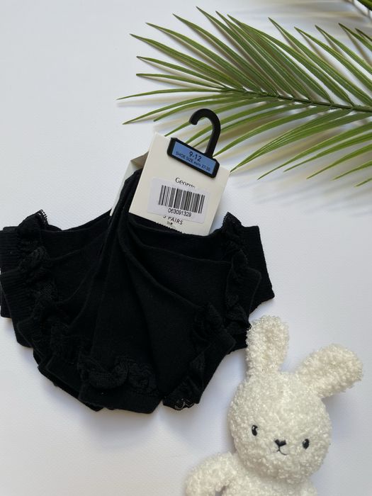 27-30 George UK9-12 5pak czarne bawełniane skarpety z falbanką koronka