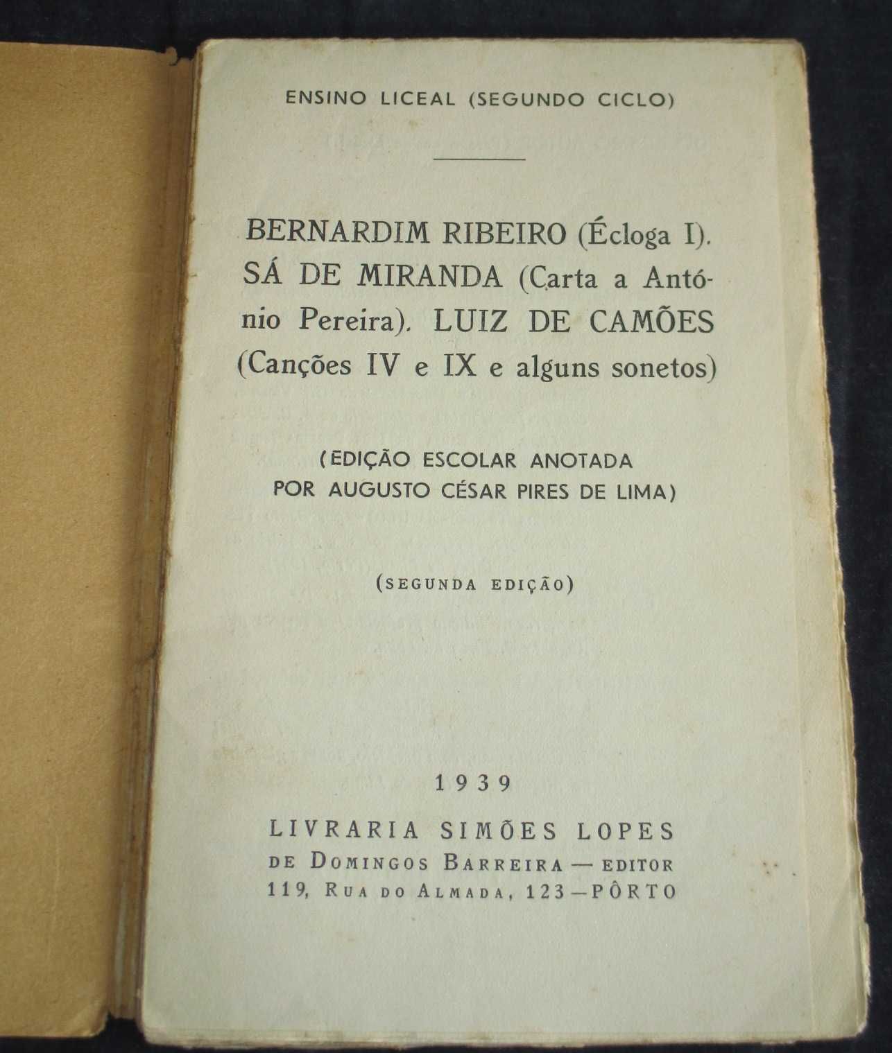 Livro Bernardim Ribeiro Sá de Miranda Camões Ensino Liceal 1939