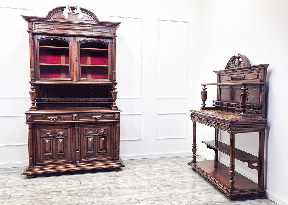 Antyk KOMPLET zdobiony KREDENS ORZECH eklektyczny + POMOCNIK do salonu