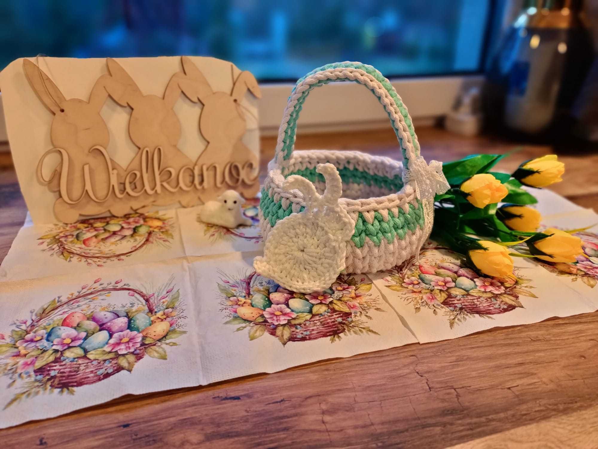Koszyczek wielkanocny z sznurka handmade szydełko