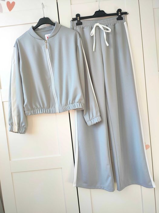 Komplet dres spodnie wide leg na wysokim stanie popiel dzianina M L