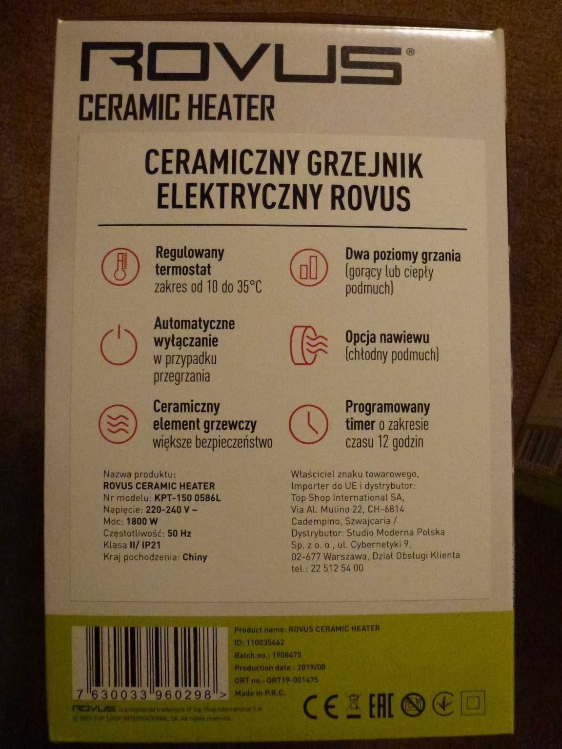 Ceramiczny Grzejnik ELEKTRYCZNY ROVUS (piecyk)