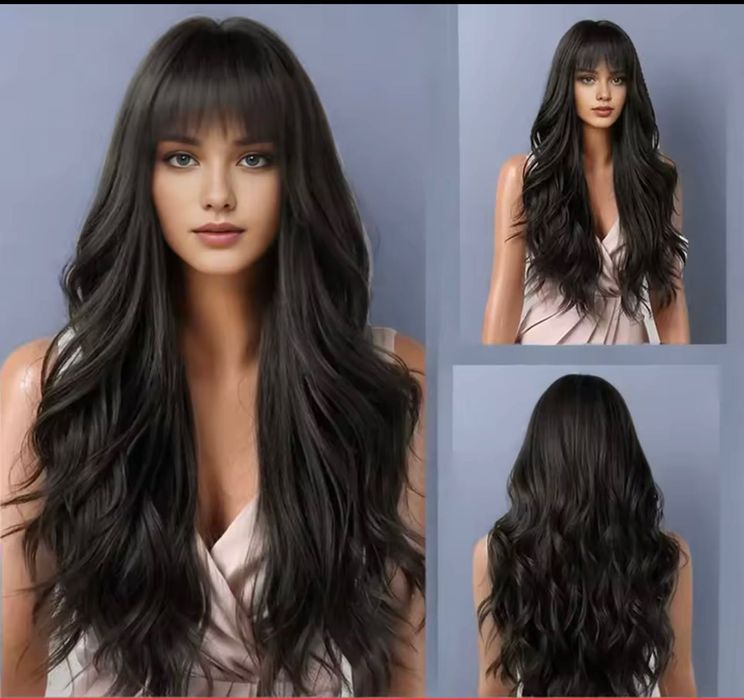 Nowa peruka damska długa czarna ciemny brąz z grzywką fale falowana