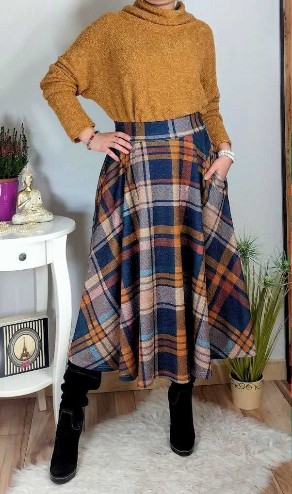 Spódnica w kratę KRATA do połowy łydki na gumie 48 4XL