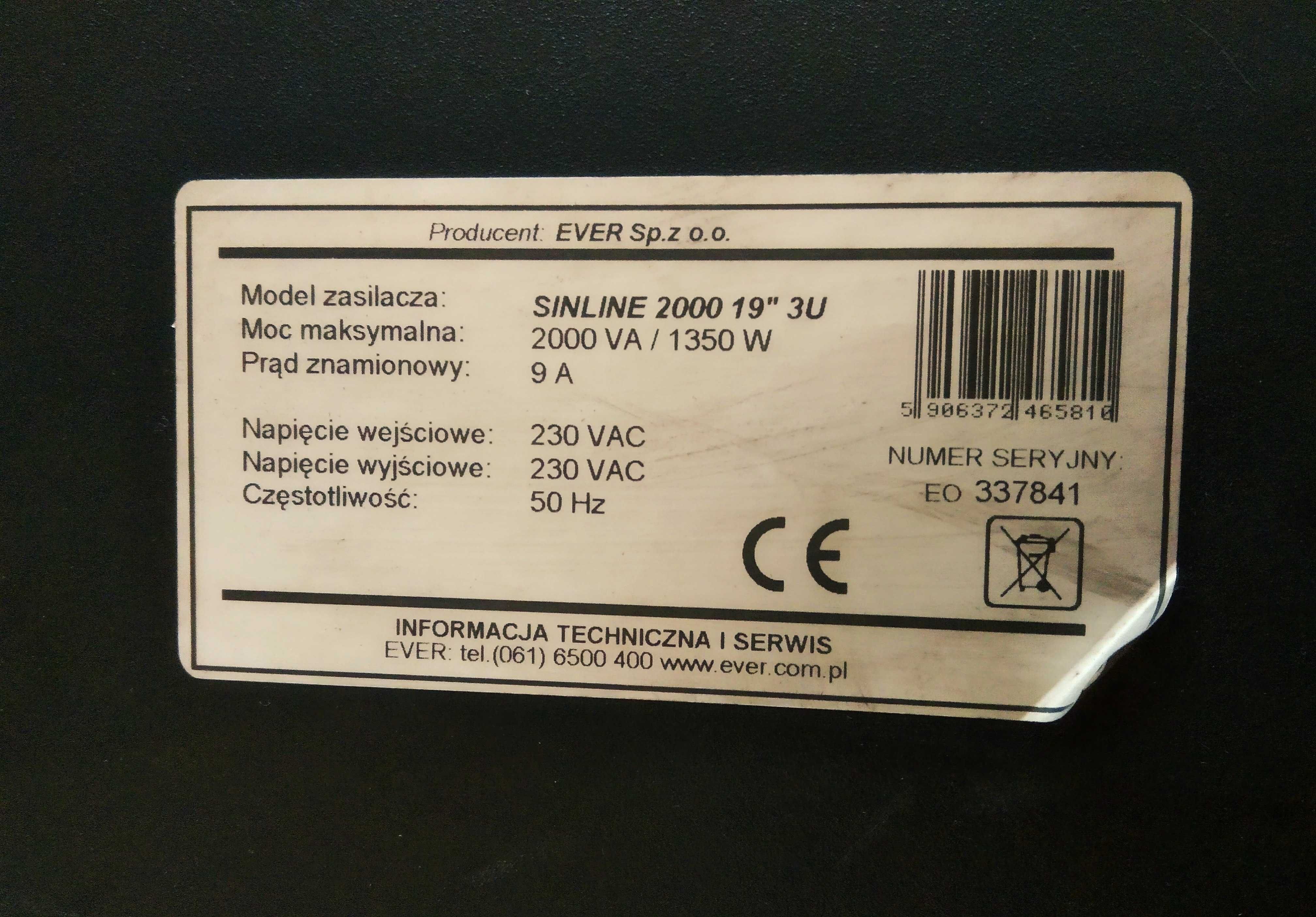 UPS EVER Sinline 2000VA / 1350W czysty sinus, rack