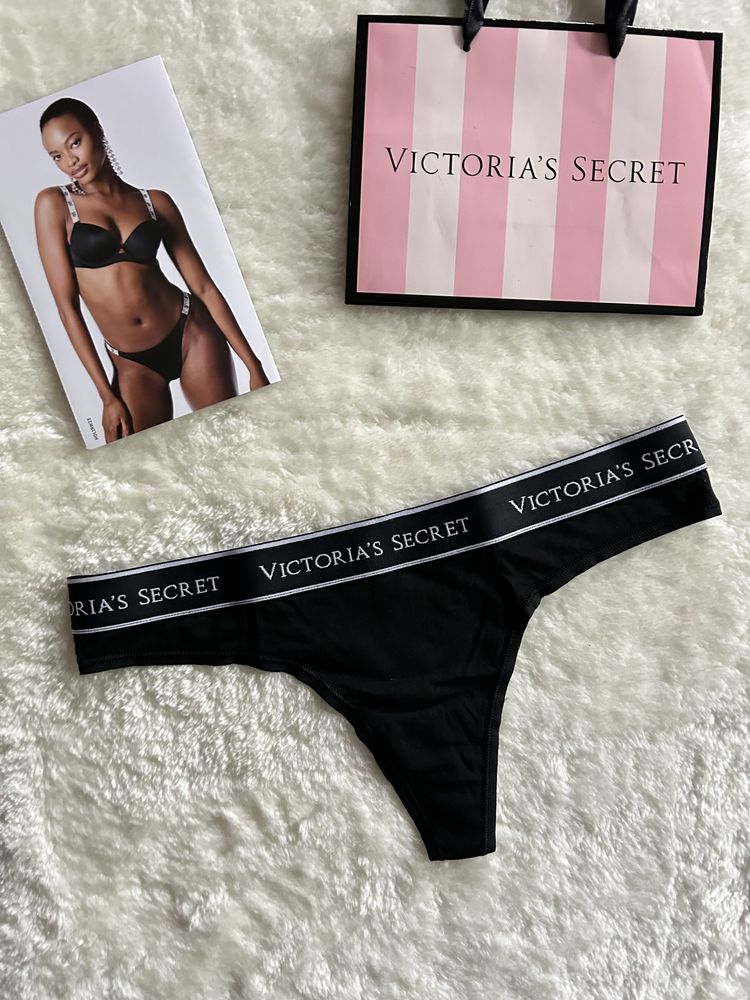 Victoria’s Secret czarne majtki M stringi logo oryginalne bawełna