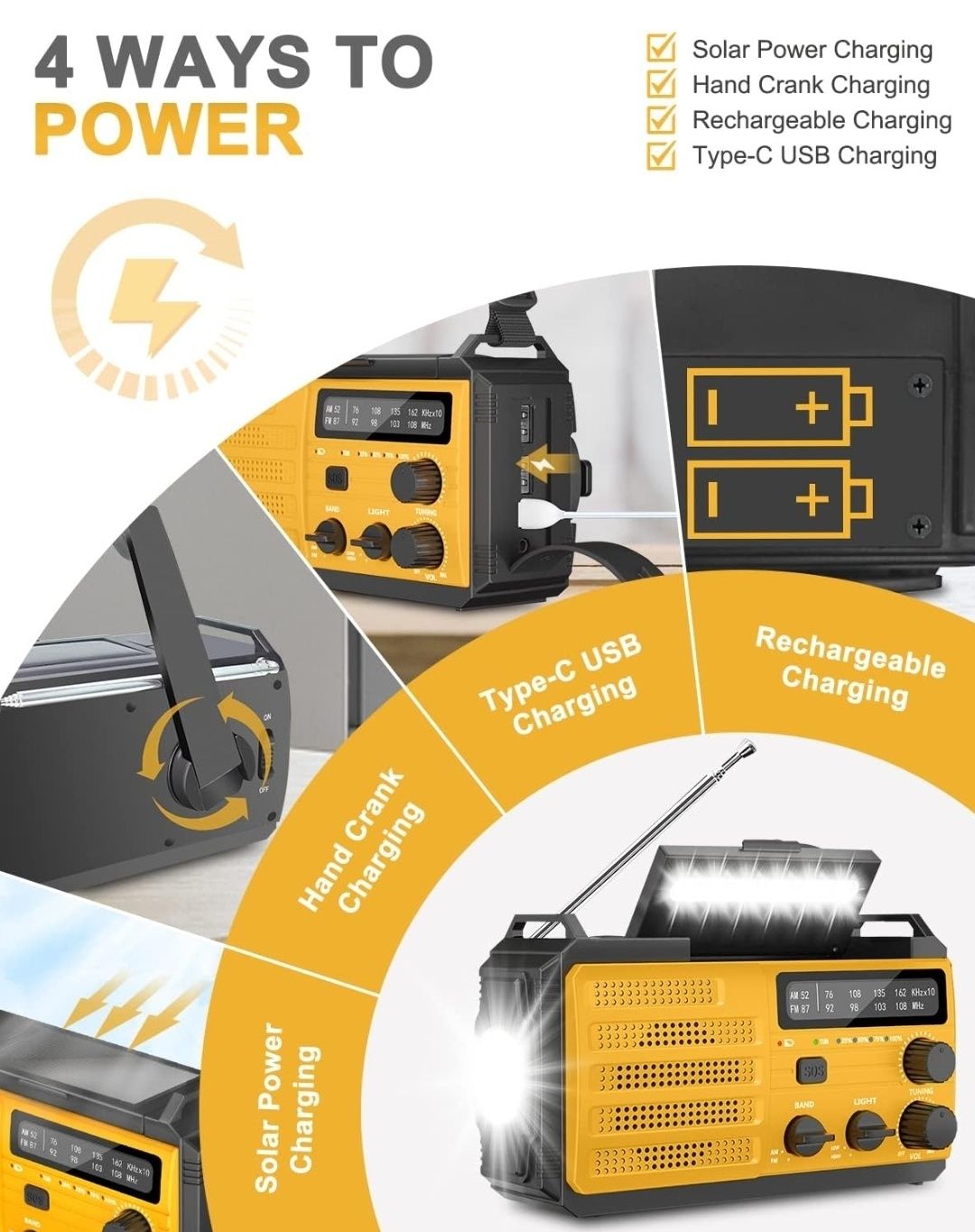 Awaryjne radio solarne z funkcją powerbanku i latarki 8000 mAh AM/FM