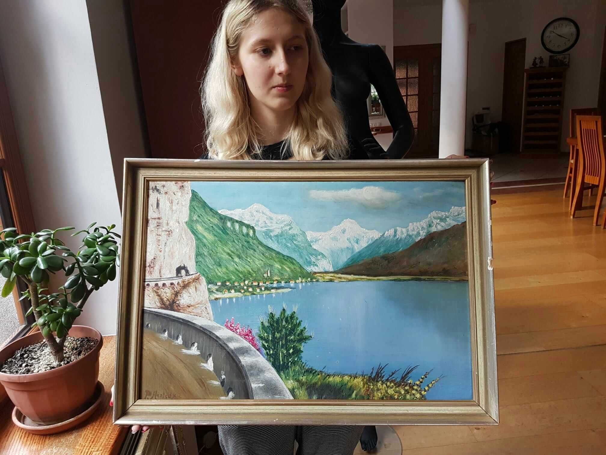 Obraz malowany na płycie "Droga wzdłuż jeziora Chorwacja" sygn 60x40cm