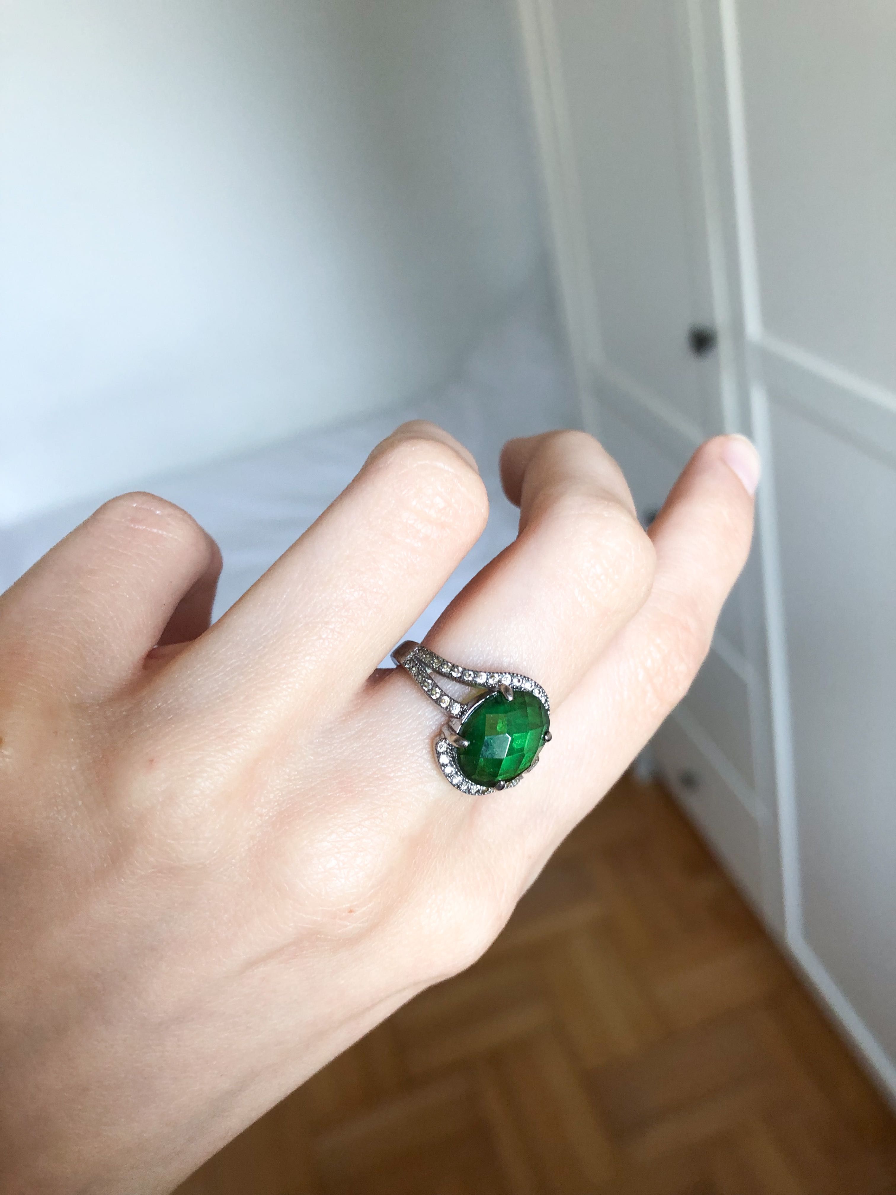 srebrny pierścionek retro zielone oczko ze szmaragdem silver ring