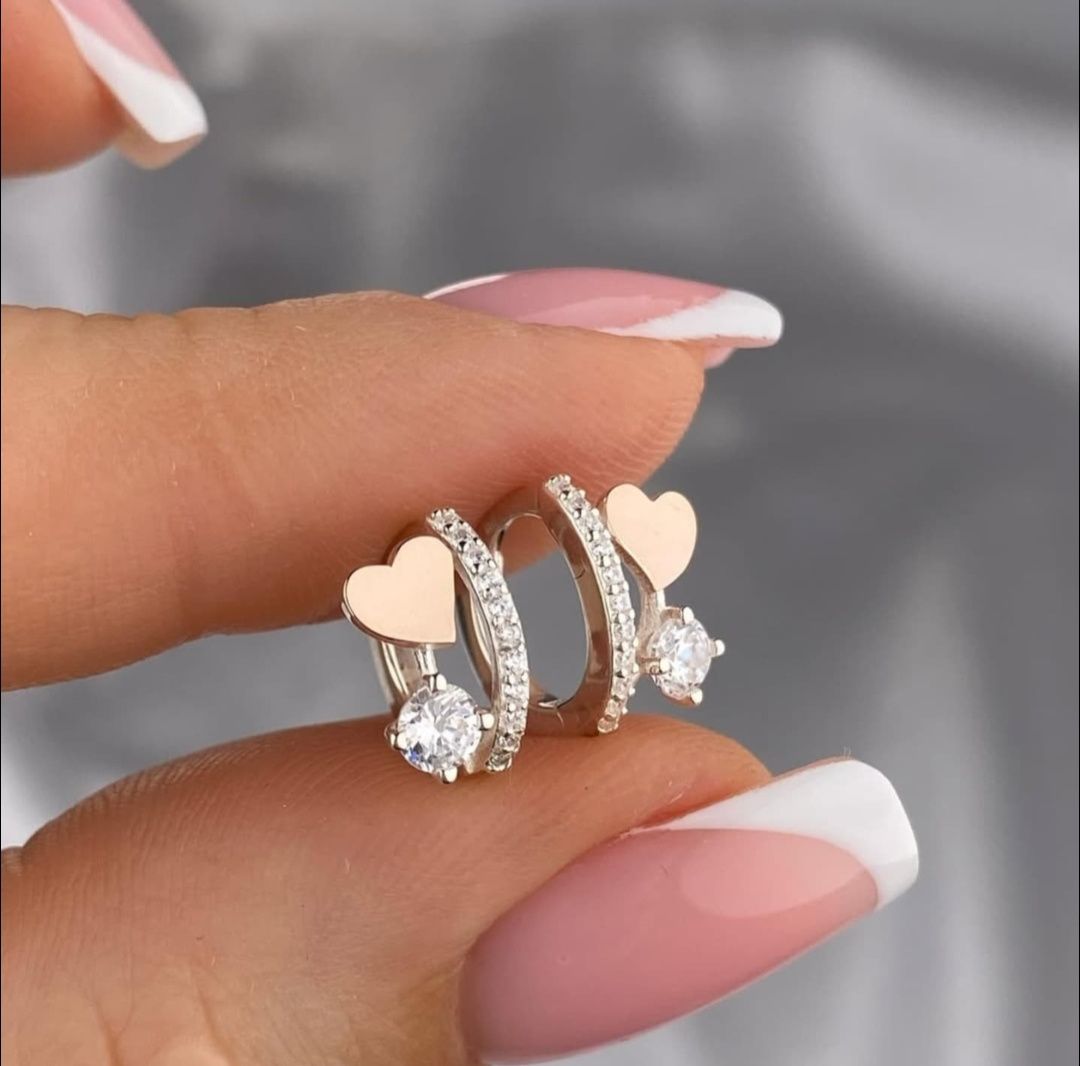 Серьги Серебро Золото пластина сердечки серця Детские серьги золотые