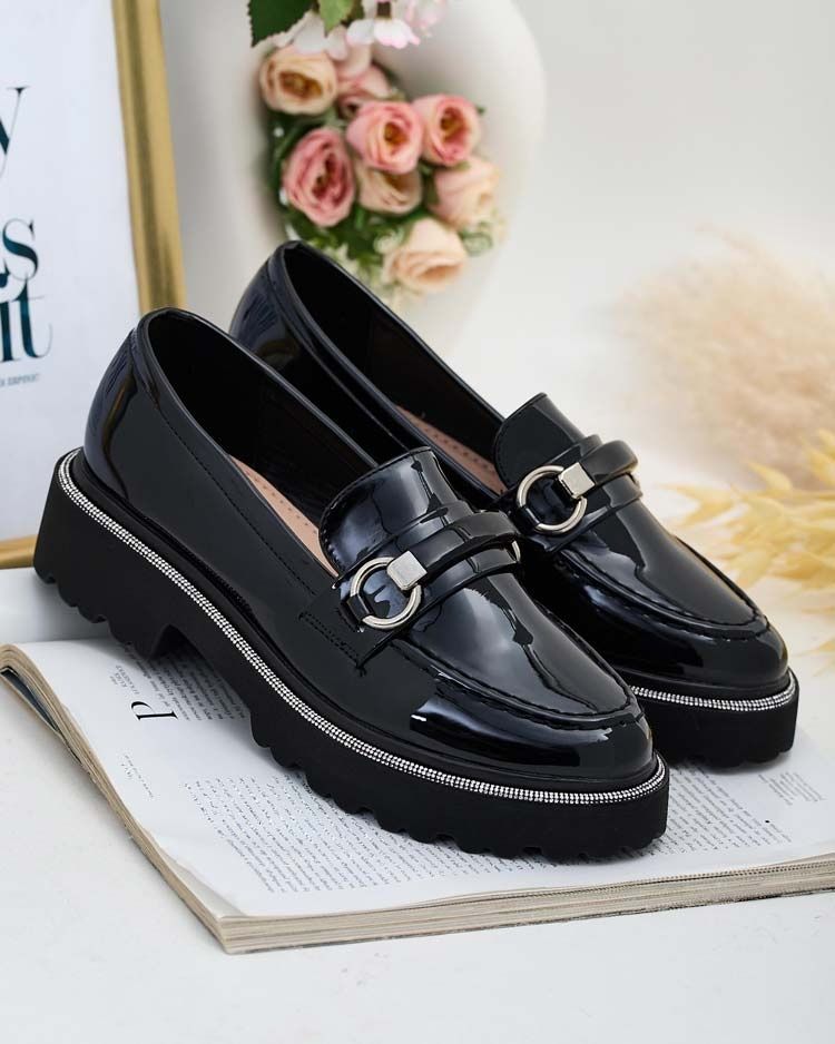 LAKIER I ZAMSZ 36 37 38 Mokasyny 39 40 41 z cyrkoniami lakierowane
