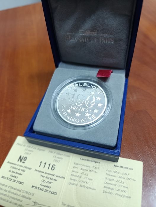 Срібна монета 100 франків. 1997 рік. ПРУФ. Сертифікат. Футляр.